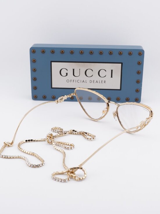 Gucci GG1569S 002 Cat Eye Sunglasses - Gold with White Stone / Brown main image 7